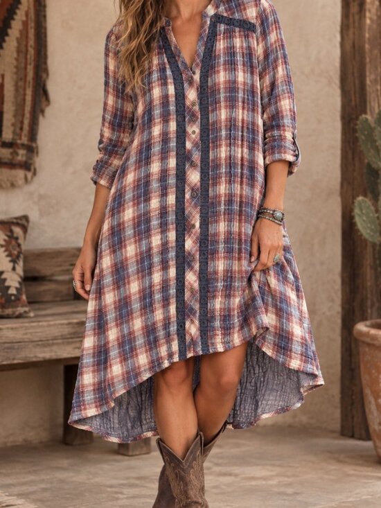 Anthropologie Dresses & Skirts - Holding Horses Dress Womens XS Red Blue Plaid Boho Eyelet Trim Anthropologie